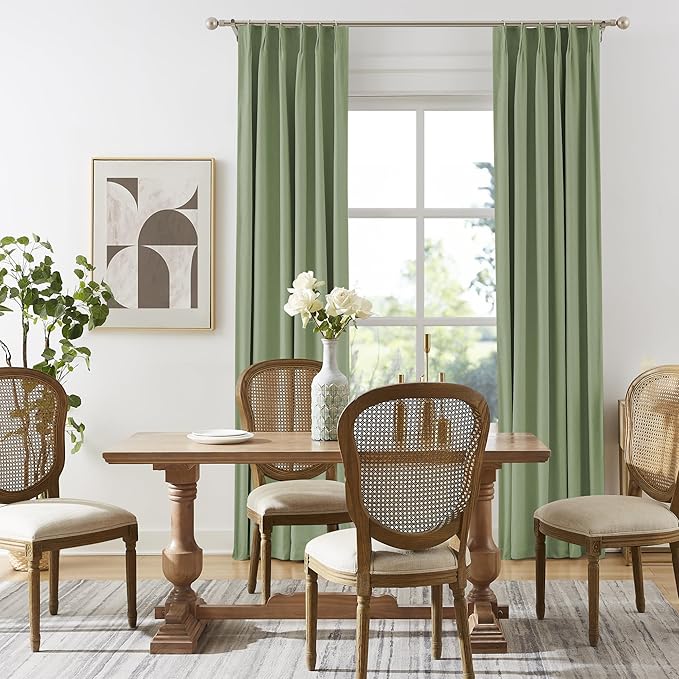 DUALIFE Sage Green Pinch Pleated Blackout Curtains 40 x 96 Inches Long, Back Tab Drapes for Living Room Bedroom Thermal Insulated Full Blackout Draperies with Hooks