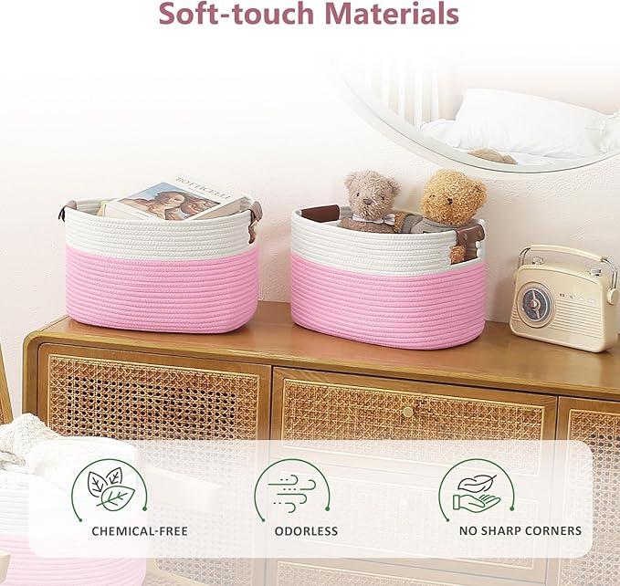 Cotton Rope Basket, Storage Baskets with Handle, 15x10x9 Inch Woven Basket for Shelves, Laundry, Towels, Clothes, Books (White/Pink 2Pack)