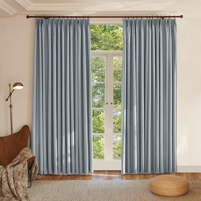 Textured Linen Pinch Pleated 100% Blackout Curtains for Bedroom/Living Room Blackout Curtains 102 Inches Long, Energy Saving Window Treatment Curtains,84Wx102Lx2,Grey Blue
