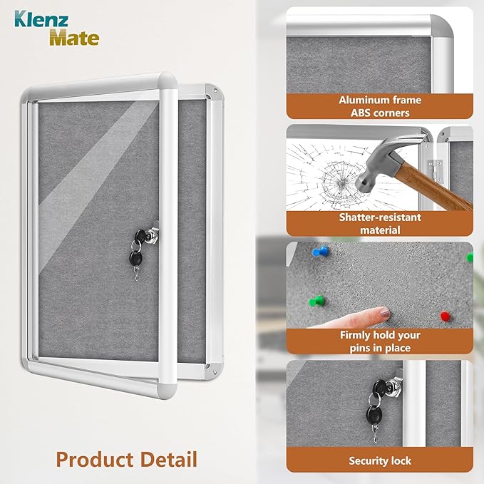 20"x14" Enclosed Cork Bulletin Board Tamper-Proof Dispaly Case,Grey Fabric&Aluminium Frame,Shatter Resistant Lockable Bulletin Board with Clear Acrylic Door for School,Office,Mall,Community,Hospital
