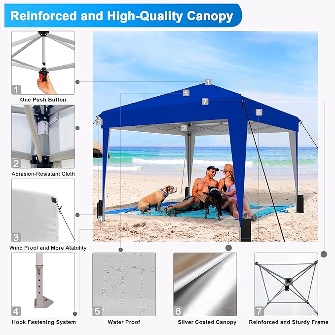 SANWAY 10x10 Pop up Canopy Tent, One-Button, Outdoor Instant Canopy Protable for Events, Camping, Parties, Vendor, Beach Tent - Blue