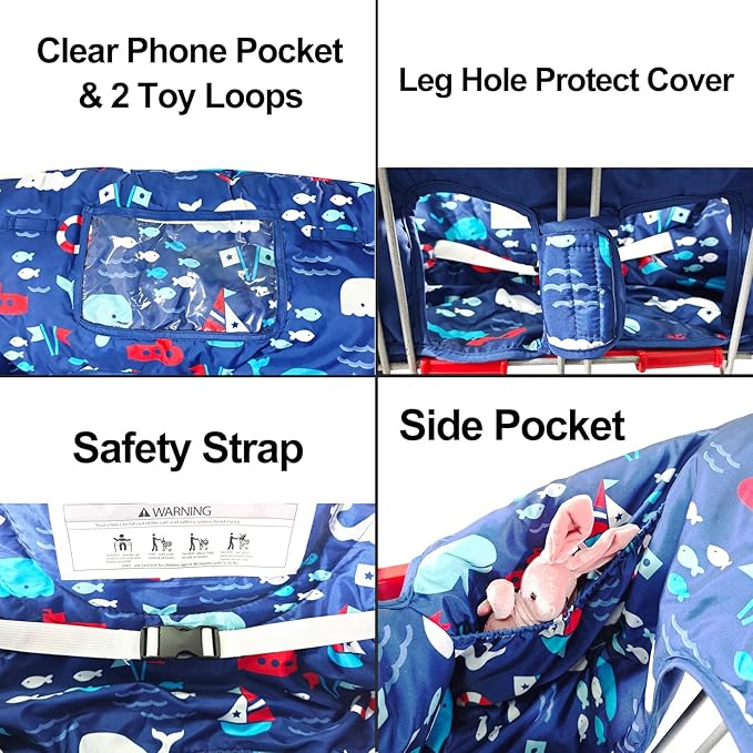 2-in-1 Shopping Cart and High Chair Cover for Baby, Padded Cover, Fold'n Roll Style, Portable with Carry Bag (Blue Whale)