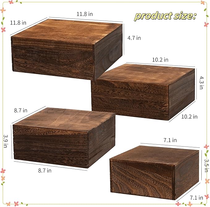 4 pieces wooden cake stands,antique brown cupcake stands for display,12 inches square wooden crates ,wood display risers for wedding,birthday party,Christmas,etc. (Antique Brown)