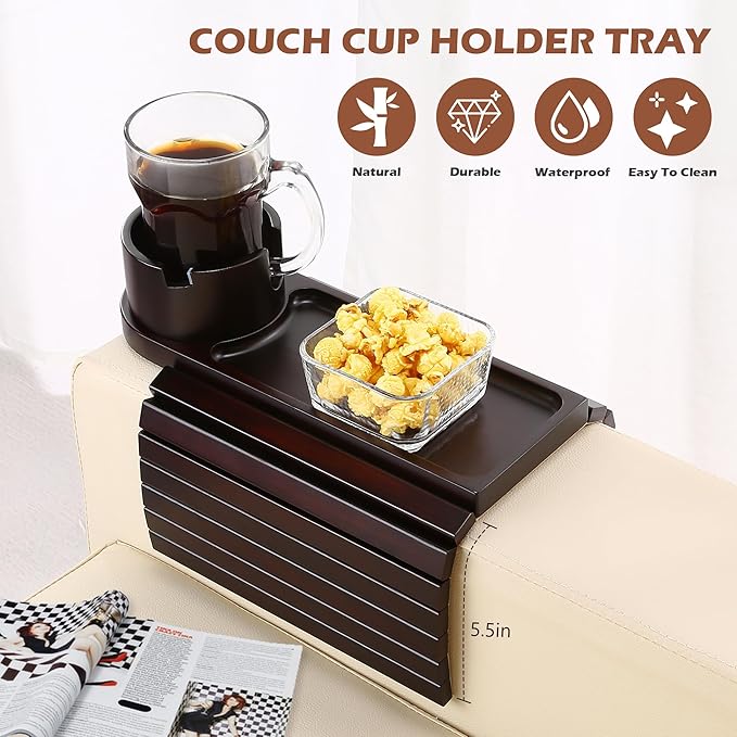 Couch Cup Holder Tray, 15.75" Bamboo Cup Holder for Couch, 3 in 1 Foldable Arm Chair Clip on Side Tray Table for Remote Snack Table on Armrest
