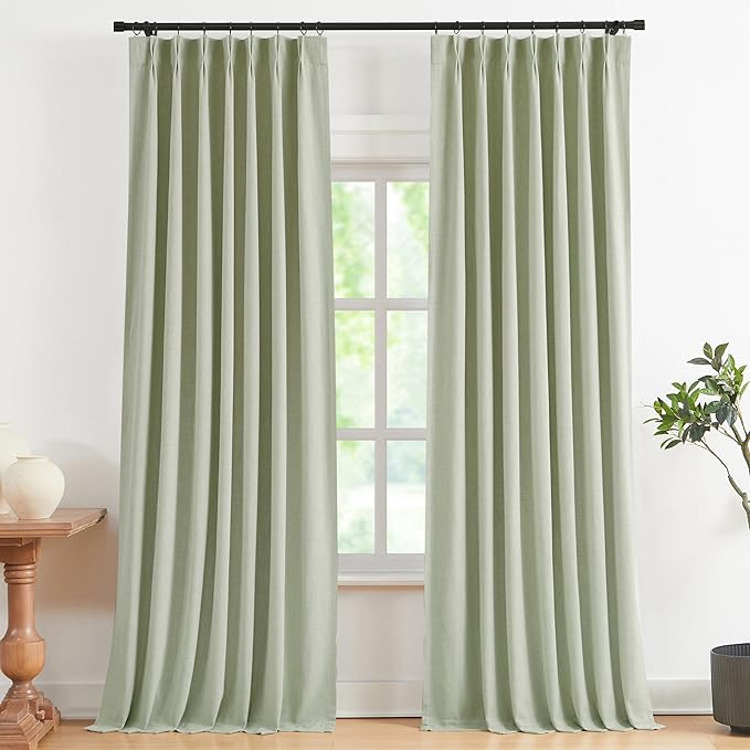 Vision Home Soft Green Pinch Pleated Full Blackout Curtains Linen Blended Room Darkening Curtain Panels 112 inch for Living Room Bedroom Thermal Insulated Pinch Pleat Drapes with Hooks 40" Wx112 Lx2