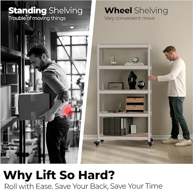HOMEDANT House 5-Tier Metal Rolling Cart Shelf Rack Casters Heavy Duty Laminated Wheel Shelving Unit Adjustable Utility Storage Shelves Organizer Shelf Kitchen Garage (2, (S) 24.4" W, White)