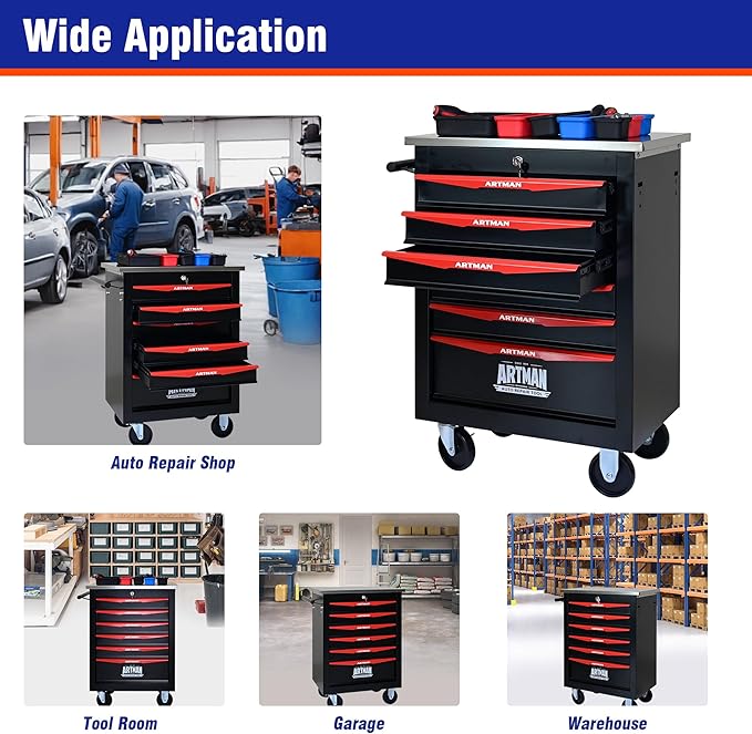 6 Drawers Tool Cart on Wheels with Stainless Steel Worktop, Heavy Duty Mobile Rolling Drawer Tool Chest with Locking Wheels & Lockable Drawers, Garage Tool Storage Cabinet (Black, 6 Drawers)