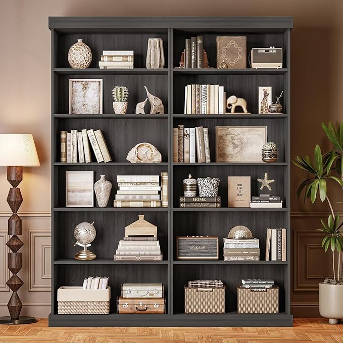 Vyre 70.8" Tall Black Bookshelf, Farmhouse Modular Bookcase with 6-Tier Adjustable Shelves, Large Storage Cabinet for Home Office, Living Room, Set of 3