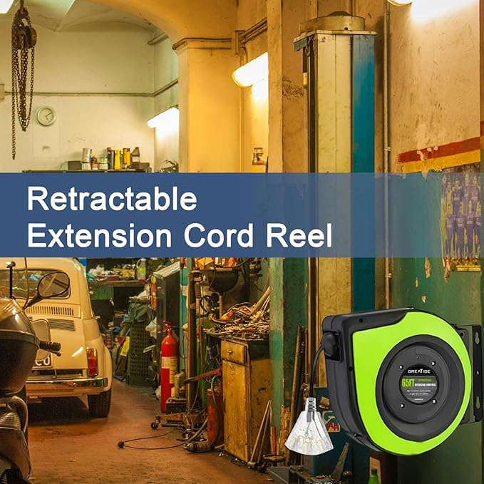 Retractable Extension Cord Reel, 65 Feet 12 AWG/3C SJTOW Heavy Duty Power Cord,15 AMP Circuit Breaker, 3-Lighted Triple Outlets, Ceiling or Wall Mount,Green