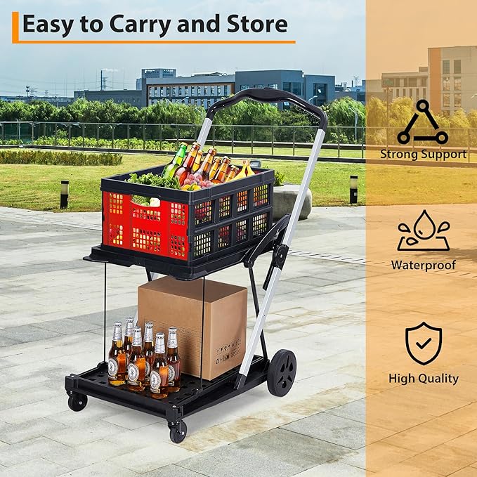 Foldable Shopping Cart with 2 Storage Crates – 2-Tier Collapsible Utility Cart, Aluminum Trolley with 360° Rolling Swivel Wheels & Removable Baskets for Groceries, Office, Travel, Apartment