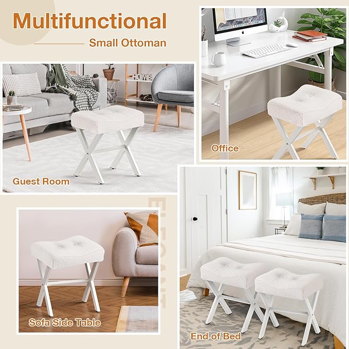 18-Inch Vanity Stool Chair, Vanity Bench with Metal X-Legs, Ottoman Accent Stool with Breathable and Soft Boucle Fabric Saddle Seat, White