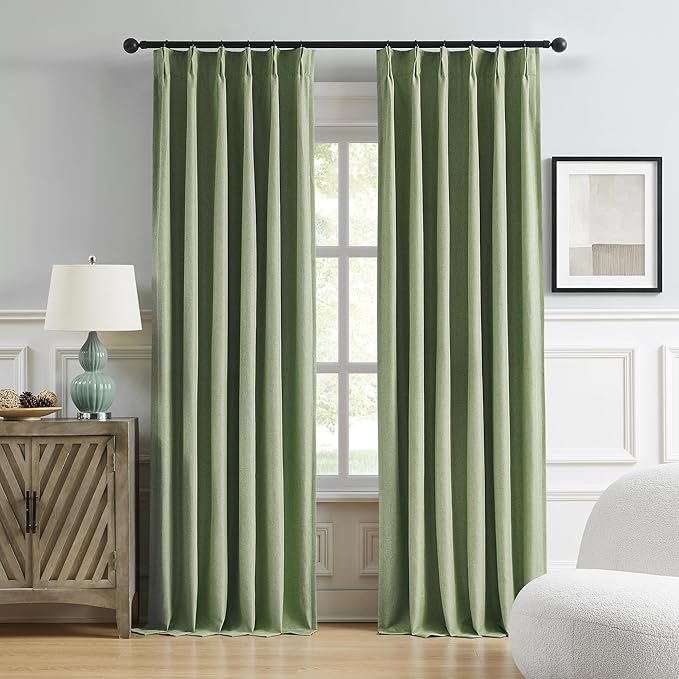 DUALIFE Sage Green Pinch Pleated Blackout Curtains 40 x 63 Inches Long, Back Tab Drapes for Living Room Bedroom Thermal Insulated Full Blackout Draperies with Hooks