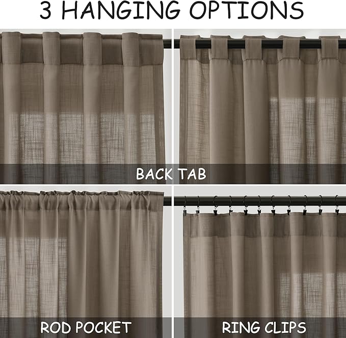 Nanspring Dark Taupe Curtains 80 Inches Length for Living Room Back Tab Rod Pocket Semi Sheer Linen Drapes Muted Neutral Boho Linen Textured Window Curtain for Dining Room Bedroom 52X80 Inches