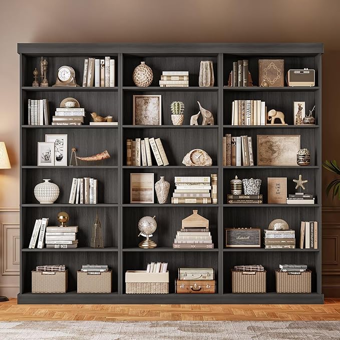 Vyre 70.8" Tall Black Bookshelf, Farmhouse Modular Bookcase with 6-Tier Adjustable Shelves, Large Storage Cabinet for Home Office, Living Room, Set of 2