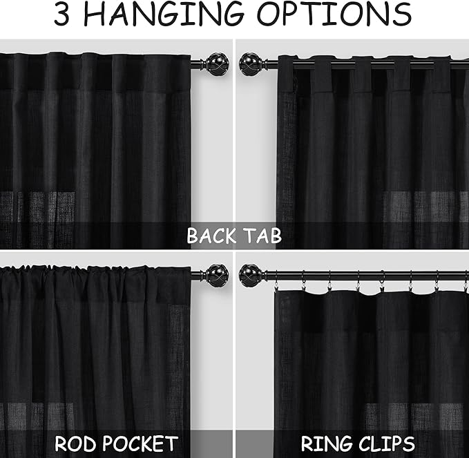 Nanspring Black Linen Curtains 24 Inch Length for Kitchen Small Windows Privacy Front Door Back Tab and Rod Pocket Drapes for Cafe Camper Small Curtains, 30 x 24 Inch,2 Panels