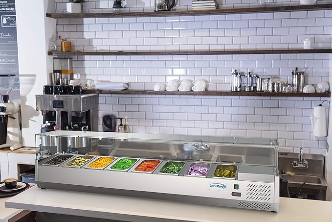 KoolMore SDC-8P-SG Condiment Prep Rail Station with Sneeze Guard, 71 Inch, Silver