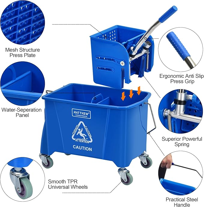 MATTHEW Cleaning Blue 22Quart Compact Mop Bucket INCL.2 Pcs Mop Head with Side Press Wringer On Wheels,Tandem Portable Floor Cleaning Wavebrake,Ideal for Household,Industrial,Restaurant,Janitorial Use