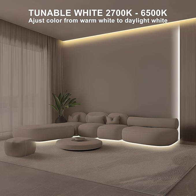 6.56ft Tunable White COB Led Strip Light with RF Remote, CRI93+ Dimmable CCT 2700K-6500K COB Led Tape Lights, Adhesive High Density Led Light Strip for Bedroom, Kitchen, Cabinet