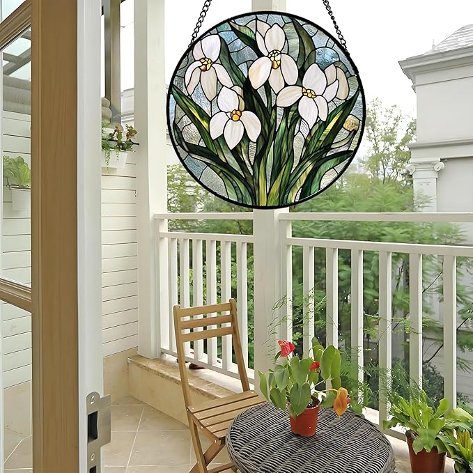 Stained Glass Window Hanging - White Green Snowdrops Flowers Suncatcher for Doors Garden Patio Sun Catchers Decor Christmas Mother's Day Birthday Gifts for Women Men Mom Nana Friend 9.8 in