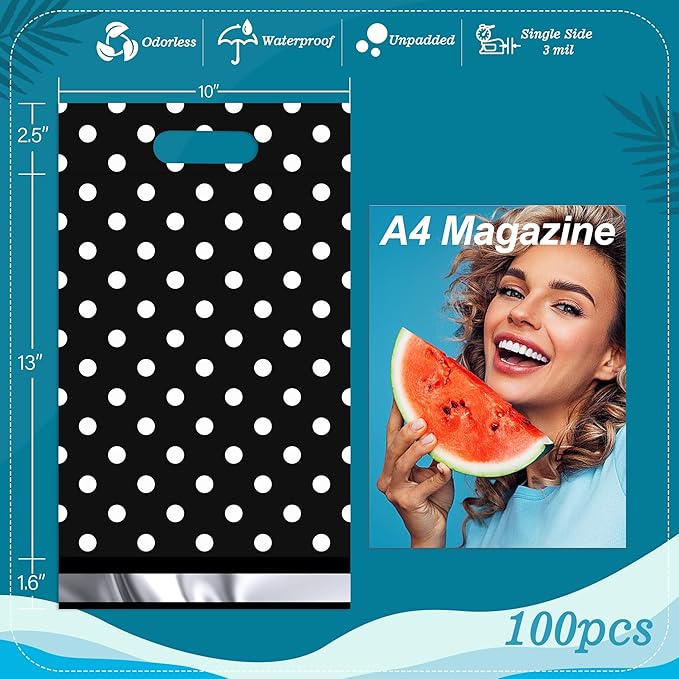JinRuiKJ Poly Mailers with Handle 10x13 Inch 100 Pcs, Easy to Carry Packaging Bags for Small Business, Thank You Shipping Bags with Self Adhesive Strip, Tearproof and Waterproof - White Polka Dot
