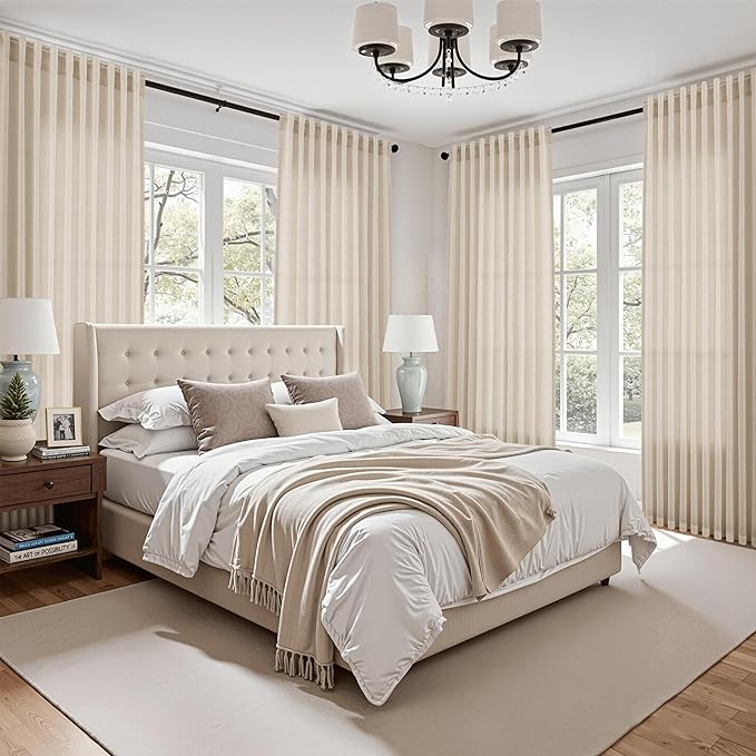 Nanspring Modern Farmhouse Decor Curtains 96 Inches Long for Living Room Linen Birch Beige Luxury Light Filtering Semi Sheer Curtain Back Tab Coastal Drapes for Bedroom Office 52x96, 2 Panels