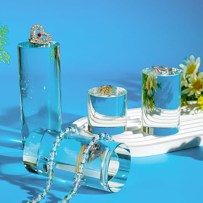 ZEERSHEE 4-Pack Clear Glass Cylinder Display Risers Crystal Blocks Display Stand for Collectibles Art Craft Transparent Solid Bases for Jewelry Cosmetic Crafts Closet Show(4''/3.2''/2.4''/1.6'')