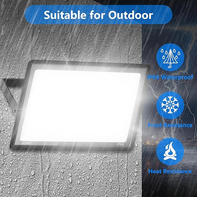 2 Pack 600W LED Flood Lights Outdoor,(3000W Equivalent), 66000LM 6000K Daylight White Super Bright Security Arena Light with Plug, IP66 Waterproof Commercial Lighting for Yard, Courts ,Stadium