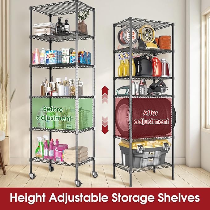 6-Tier Rolling Storage Shelves, 14" D x 24" W x 71" H Adjustable Space-Saving Wire Rack Shelving, 750 lbs Capacity Heavy Duty Metal Shelving with Wheels for Garage, Closet, Kitchen