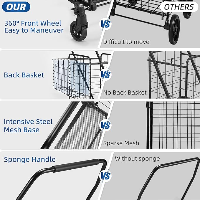 HABUTWAY Grocery Cart on Wheels for Groceries, Folding Shopping Carts with Liner, 110LBS Large Capacity Jumbo Grocery Cart with Dual Basket, 360° Rolling Laundry Cart, Lightweight Trolley for Senior