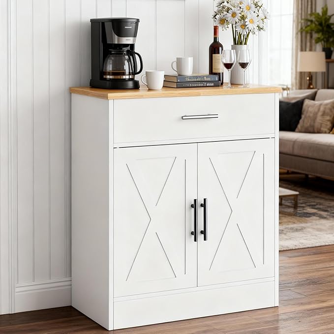 SUNLEI Coffee Bar Cabinet, Wooden Storage Cabinet with 2 Doors & 1 Drawers, Modern Farmhouse Kitchen Buffet Sideboard Cabinet with Storage for Living Room, Adjustable Shelf, White&Yellow