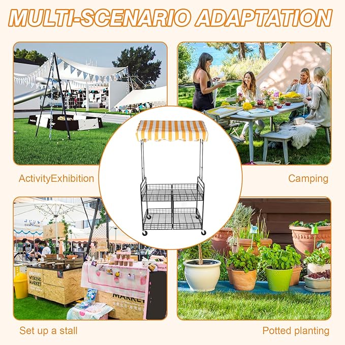 Business Mobile Catering Cart Foldable Outdoor Portable Market Street Food Vendor Stalls with Yellow White Canopy Stall Trolley for Outdoor Vending Sale Display