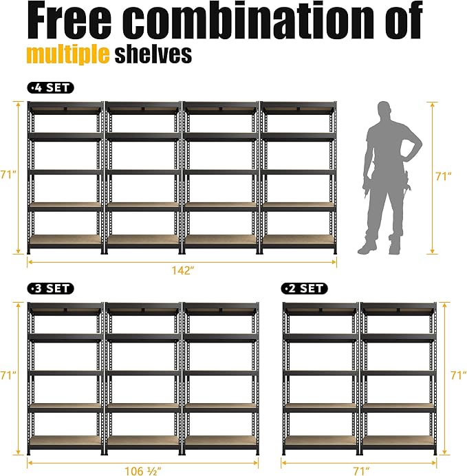PrimeZone Storage Shelves 5 Packs 5 Tier Adjustable Garage Storage Shelving, Heavy Duty Metal Storage Utility Rack Shelf Unit for Warehouse Pantry Closet Kitchen, 35.5" x 15.75" x 71", Black