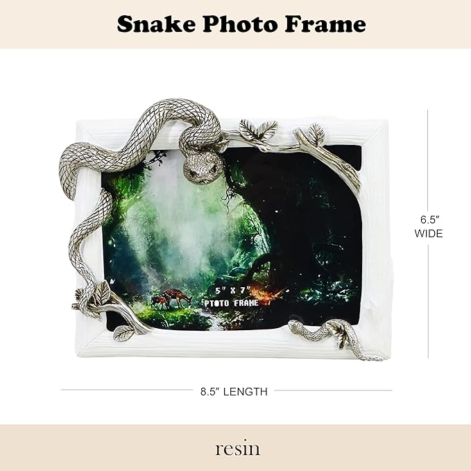 Decorative Snake Resin Picture Frame - 5x7 Inch Tabletop Photo Display with Mother & Baby Snake Design, Silver Wildlife Home Decor Art