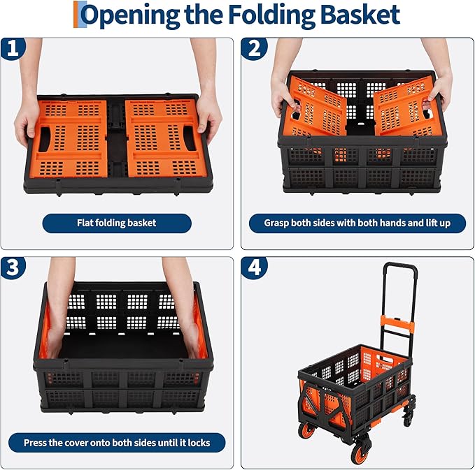 Garvee Folding Hand Truck, 330 LB Heavy Duty Dolly Cart with Foldable Basket, Portable Folding Hand Cart with Bungee Rope, Rubber Wheels and Retractable Handle for Luggage, Moving, Office, Orange