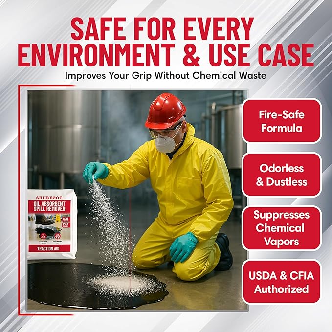 SHURFOOT 25lb Non-Slip Oil Absorbent - Provides Ice Traction & Vapor Suppression - Spill Control for Blood, Water & Oils - USDA Approved - Floor Dry Absorbent Odorless - Fire-Safe & Dustless