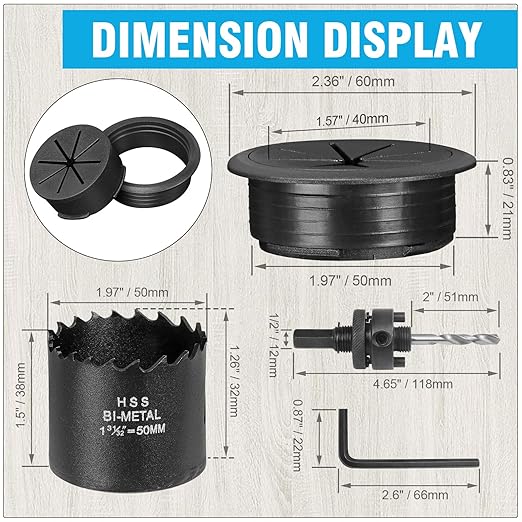 2" Black Desk Grommet, JTemgle Flexible Cable Grommet with Bi-Metal Hole Saw Plastic Cable Hole Cover Wire Organizer Caps Desktop Cord Management for Home Office TV Stands Tabletops, 13 Pieces
