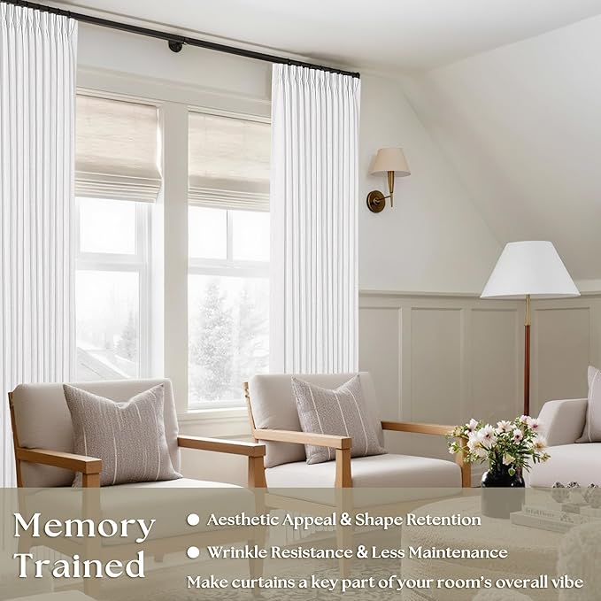 Extra Long Snow White Pinch Pleated 132 Inch Linen Curtains 2 Panels for Living Room Bedroom Memory Training Shaped Semi Sheer Pleat Drapes with Hooks Rings Light Filtering Window Curtain 40x132