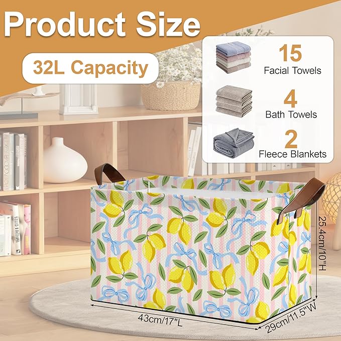 32L Large Storage Bins with Handles, Watercolor Fruit Basket Organizer for Shelves, Closet, Books, Laundry & Home Decor (Lemons)