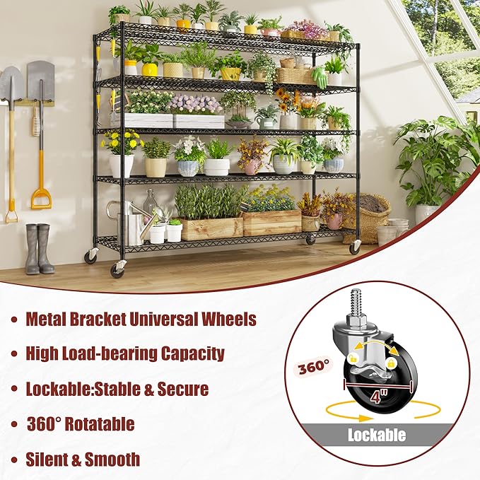 PrimeZone 5 Tier 80.7" Hx55.5 Wx24 D Wire Shelving with Wheels 3000lbs NSF Certified Storage Shelves Heavy Duty Metal Shelf Adjustable Rolling Rack Commercial Garage Restaurant Warehouse Kitchen 2Pcs