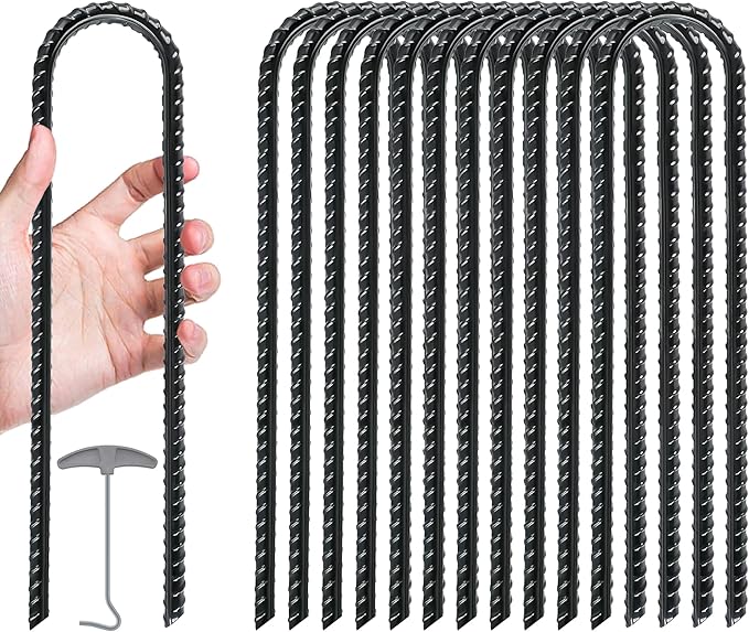 Gtongoko 12 Pack Trampoline Stakes Anchors High Wind, 12 Inch Ground Anchors Heavy Duty, Trampoline Tie Down Anchor Kit, Ground Stakes Galvanized Steel, U Shaped, Black
