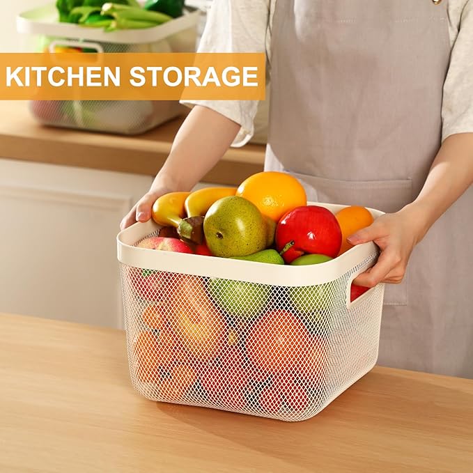 4 Pack Metal Mesh Steel Basket with Hollow Handles Square Wire Mesh Open Bin Fruit Storage Basket for Kitchen Bathroom Picnic Shopping Cabinet Home Items (Large,White)