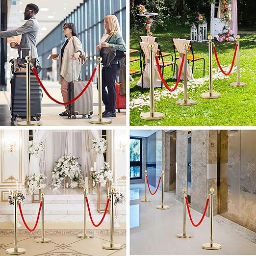 6Pack Stanchions and Velvet Ropes, 5 ft Red Velvet Rope and Poles, Red Carpet Ropes and Poles Set, Gold Stainless Steel Stanchion Posts Red Carpet Runner Poles for Party Supplies