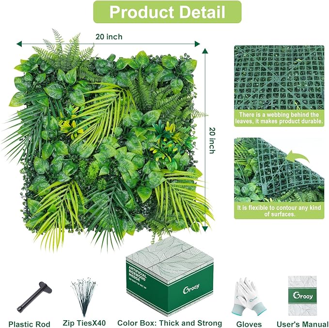 20"X20" Artificial Grass Wall, 16PCS Boxwood Hedge Panels UV-Protected Greenery Privacy Hedge Screen, Grass Backdrop Wall for Indoor Outdoor Patio Balcony, Party Garden Fence Decor
