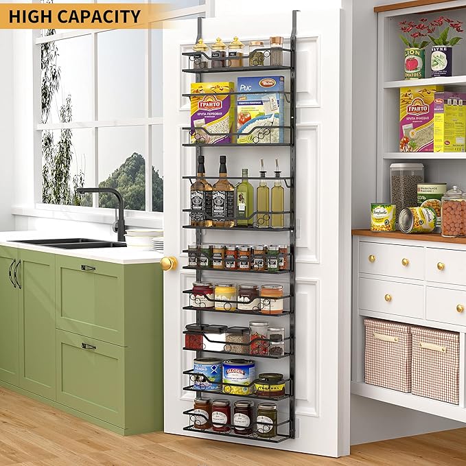 Moforoco 8-Tier Over The Door Pantry Organizer, Pantry Organization and Storage, Black Hanging Basket Wall Spice Rack Seasoning Shelves, Home & Kitchen Laundry Room Bathroom Essentials accessories