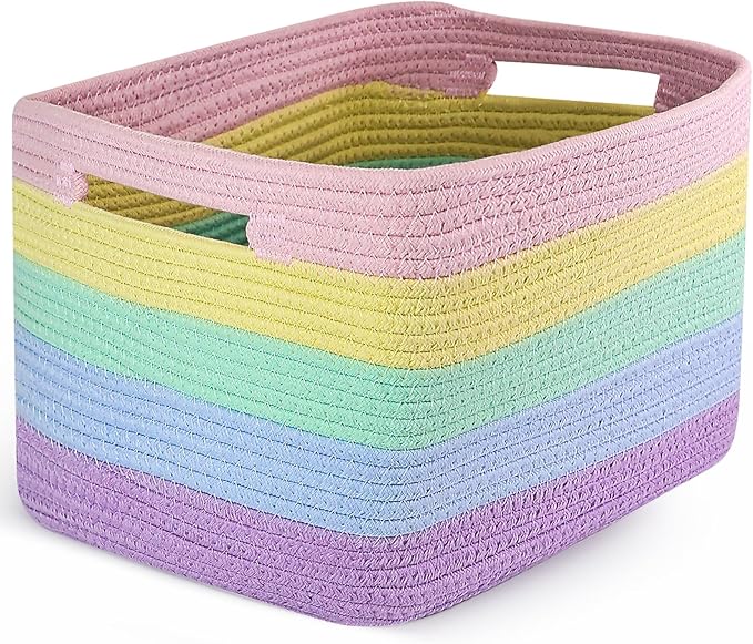 Shelf Woven Storage Basket, 15 x 10 x 9” Closet Rope Baskets For Organizing, Square Bins with Handles, Rainbow 1 Pack