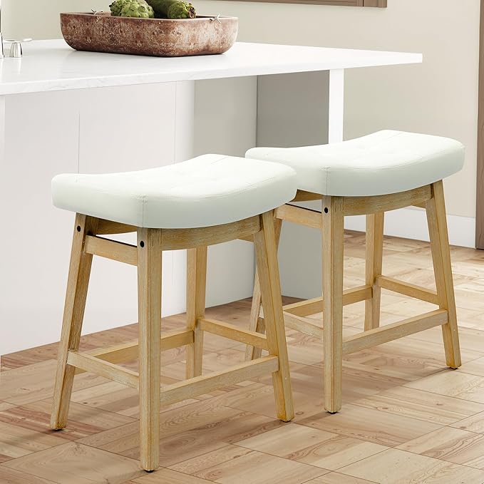 Counter Height Bar Stools Set of 2 for Kitchen Counter Backless Farmhouse Kitchen Island Barstools with Upholstered Faux Leather Saddle Seat and Solid Wood Legs Modern 24 inch Bar Chairs, White