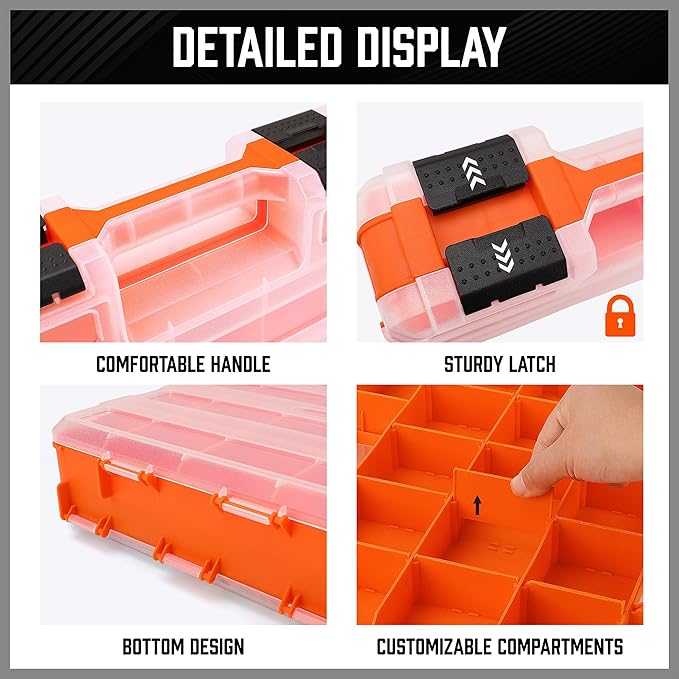 HORUSDY Small Parts Organizer, 34-Compartments Double Side parts organizer with Removable Dividers, Double Side Tools Box Screw Organizer For Nuts, Bolts, Screws, Nails, Small Hardware
