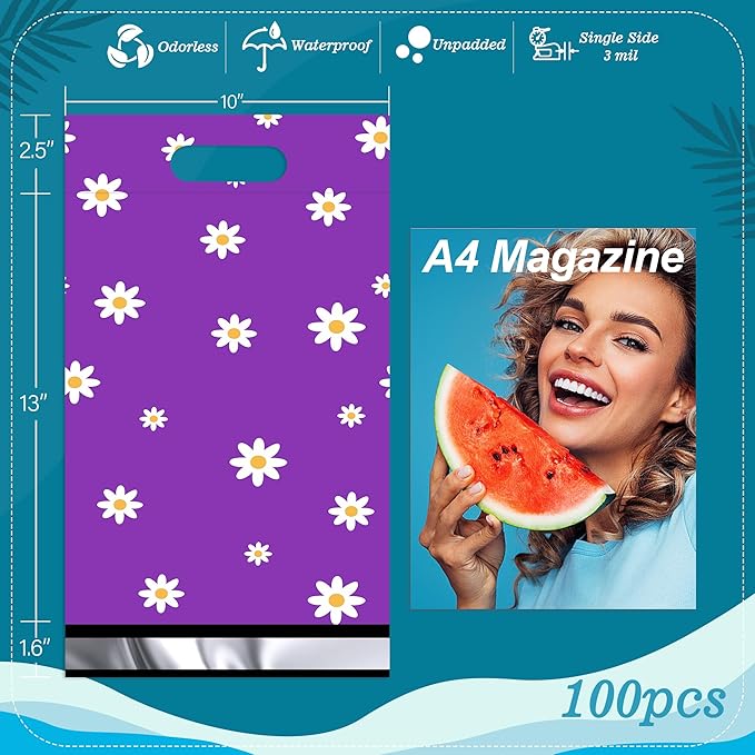 JinRuiKJ Poly Mailers with Handle 10x13 Inch 100 Pcs, Easy to Carry Packaging Bags for Small Business, Thank You Shipping Bags with Self Adhesive Strip, Tearproof and Waterproof - Purple Chrysanthemum