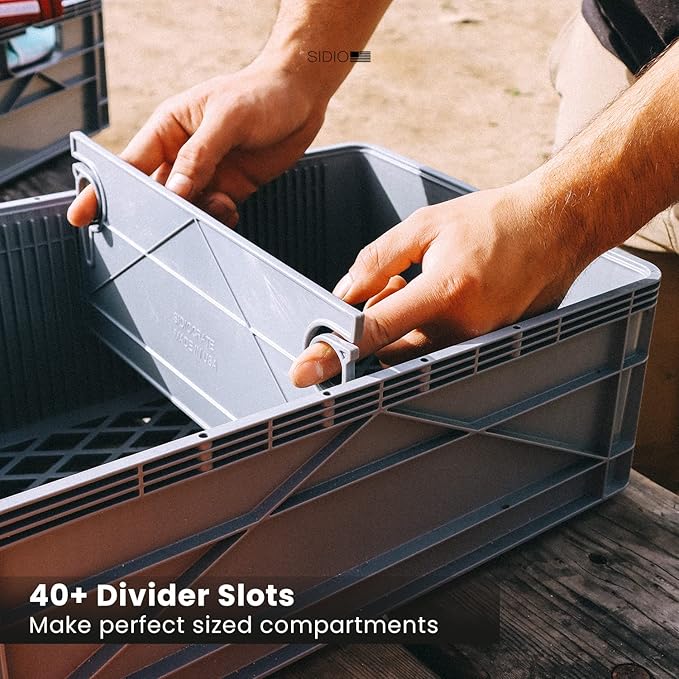 SIDIO CRATE Pro Pack - Two Full Size and One Half Size Heavy Duty Stackable Storage Bins, Totes, Containers with Lids and Dividers - Durable Organizer for Home, Office, Garage, and Outdoor Use - Gray