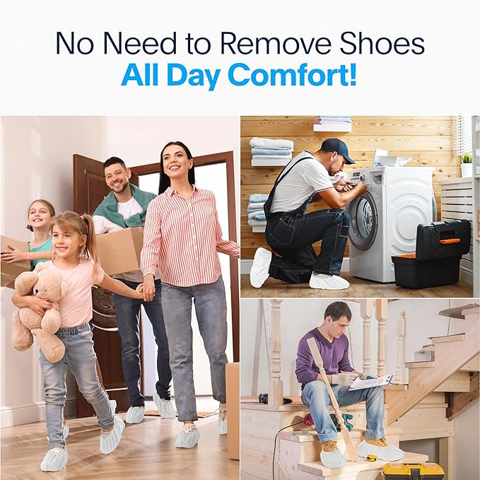 Premium Boot & Shoe Covers Disposable Booties - 100 Pack - Durable, Non-Slip, Non-Toxic, Water Resistant, Recyclable Protectors for Indoor & Outdoor - Large Size Fits Most Shoes